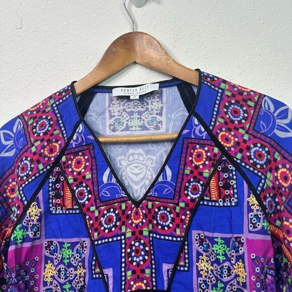 Hunter Bell Top Womens Linen Patchwork Print Boho Peplum Blouse Artsy Size M - Picture 2 of 14